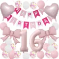 Matte 16th birthday party balloon set with pink heart bow foil balloons and banner decor - Matte Pink Series / Pink Number 16