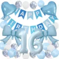 Blue 16th birthday balloon set with happy birthday banner, heart, bow, and confetti latex balloons. - Matte Blue Series / Blue Number 16