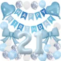 Matte birthday balloon banner set with heart and bow foil balloons for 21st party decor - Blue Number 21