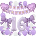 Matte purple birthday balloon set with number 16, bow and heart foil balloons for party decor. - Purple Number 16