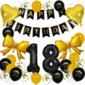 Black and gold birthday party decoration balloon set with number 18 and foil heart bows. - Black Number 18
