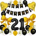 Black and gold 21st birthday balloon set with foil heart bow balloons and party banner decor. - Black Number 21
