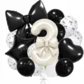 Cream number 3 foil balloon set with black and white bow print balloons for birthday party decor - Bow Knot Number 3 Balloon / Black