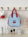 Blue gingham cherry cosmetic bag, cute travel makeup pouch with red handle, portable. - High Semicircle