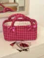 Pink plaid quilted storage basket with sweet bows, French retro aesthetic desk organizer detail. - Small Storage Basket / Pink Gingham (Dragon Fruit)
