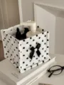 Quilted Storage Basket with Bow Polka Dot Cute Desktop Organizer for Dorm Room Bedroom - Black