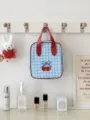 Blue gingham cherry cosmetic bag with red handles, portable travel makeup storage pouch. - Vertical Square