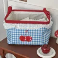 Blue gingham cherry fabric storage basket, cute desktop organizer with red handles and lace. - Blue Plaid Cherry Storage Basket (Rectangular)
