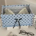 Light blue quilted polka dot storage box desk organizer with black ribbon bow for home - Large Polka Dot / Rectangular Organizer / Blue