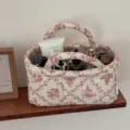 French style quilted storage basket with vintage floral print, perfect for desktop cosmetics. - French Red Vine Storage Bin