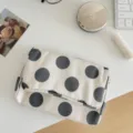 Large polka dot canvas cosmetic bag, portable travel storage pouch with stylish minimalist design. - Folding Mirror Bag / 19x13x4cm / Black White Polka Dot