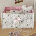 Sweetheart quilted storage basket desktop organizer with cute bear print pink plaid lining - Sweetheart Bear