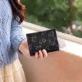 Cute black cartoon cat wallet detail, compact short coin purse with fluffy pom pom charm. - Black