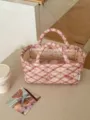 Pink quilted bow fabric storage basket for desktop organization, cute makeup organizer bin. - S / Orange Red