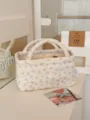Gesteppter Stoffaufbewahrungskorb mit Blumenmuster, süßer Desktop-Organizer für Snacks und Diverses. - S / Rosa Rose (Weiße Basis)