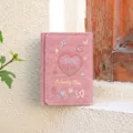 Close-up detail of pink denim trifold wallet featuring delicate embroidered tulips and cute hearts. - Three-Fold Short Style / Light Pink