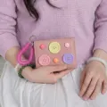 Korean dopamine style trifold mini wallet with colorful button decoration and spring keychain. - Light Pink