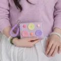 Korean style dopamine color trifold mini wallet with spring rope and cute button decorations. - Light Purple