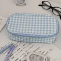 Cute blue plaid pencil case, large capacity minimalist stationery storage box for students. - Blue