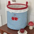Blue plaid cherry storage basket, cute fabric organizer bin with red handle and lace. - Blue Plaid Cherry Storage Basket (Cylindrical)