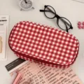 Red and white plaid pencil case, aesthetic large capacity canvas pen bag for students. - Red