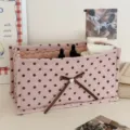 Pink polka dot quilted rectangular storage basket with cute bow for desktop organization. - Large Polka Dot / Rectangular Organizer / Pink