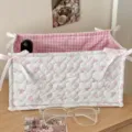 Rectangular quilted fabric storage basket with pink heart pattern, cute bow decor and gingham lining. - Pink Rose Sweetheart