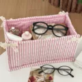 Pink quilted rectangular storage basket with cute lace bows, perfect for desktop organization. - Pink Striped