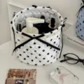 Quilted polka dot storage basket fabric desktop organizer cute bow makeup barrel tidy bin - Black