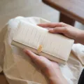 Nahaufnahme einer eleganten langen Geldbörse in Beige mit feinen Streifen und Goldspange. - Gebrochenes Weiß