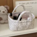 Ribfluwelen opbergmand met bloemenpatroon en handvatten, schattige bureau-organizer voor cosmetica. - Corduroy Pioenroos Opbergmand (Klein) / Roze