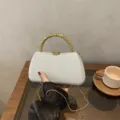 PU leather hard shell clutch evening bag with metallic beaded handle and chic chain strap. - Box Bag / Gray