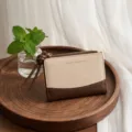 Canvas and leather short women wallet with zipper and wrist strap, minimalist card holder purse - Coffee