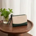Canvas bi-fold women wallet short coin purse with zipper closure and cute lanyard detail. - Dark Green
