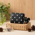 Black polka dot women wallet with cute heart pendant, minimalist design card holder purse. - Black