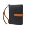 Close-up detail of the black and brown passport holder, showcasing the wrist strap and buckle. - Black