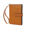 Brown Saffiano passport wallet with wrist strap and snap closure for travel and business. - Brown