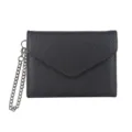 Minimalist solid color chain short wallet for women, elegant litchi grain coin purse. - Black