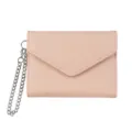 Close-up detail of the pink litchi pattern wallet with a silver chain strap, compact size. - Pink