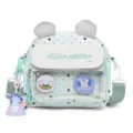 Cute mint green kids crossbody bag with bear ears, star pattern, and clear front pocket. - Green