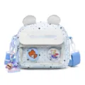 Cute children crossbody bag with bear ears, clear front pocket and star pattern details. - Blue