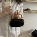 Elegant black hard shell handbag with gold metal handle and chain strap for women's daily wear. - Black