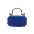 Blue acrylic box clutch evening bag detail with gold metal handle and chain strap for women. - Blue
