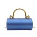 Elegante borsa da sera cilindrica in acrilico blu con manico metallico e catena dorata. - Blu