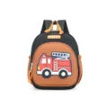 Kids fire truck backpack detail showing 3D vehicle design and durable black brown fabric. - Black Fire Truck