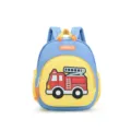 Kids cartoon fire truck backpack detail, blue yellow toddler school bag with front pocket. - Blue Fire Truck