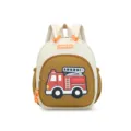 Close-up detail of the kids beige and brown toddler backpack with fire truck cartoon patch. - Off-White Fire Truck