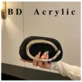 Elegant black rhinestone evening clutch with large gold metallic handle for women parties. - Black