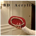Red rhinestone acrylic evening clutch bag with metal handle detail for women banquet party. - Red
