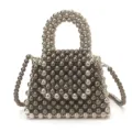 Handcrafted beaded mini flap bag, metallic silver bead top handle crossbody bag for women. - L / Gunmetal